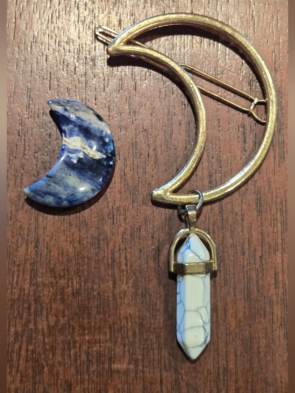 Gold Crescent Moon Hair Clip with Howlite Crystal - Sodalote Crescent Mini Moon